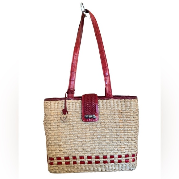 Brighton Handbags - BRIGHTON RAFFIA WOVEN TOTE PURSE WITH RED LEATHER STRAPS & ACCENT. CHARM DETAIL